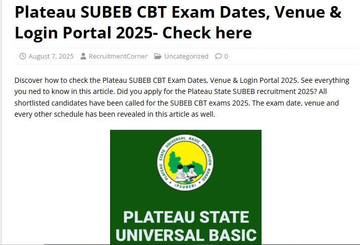 Plateau SUBEB CBT Exam Dates, Venue & Login Portal 2025- Check here